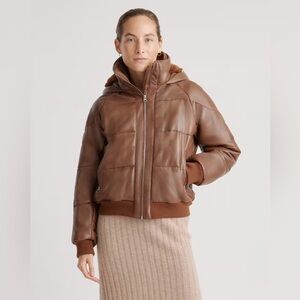Quince Brown Puffer Jacket with Ribbed Cuffs and Minimal Design